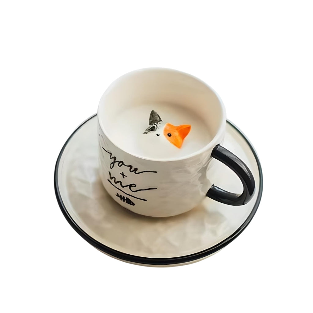 Miomu Taza de Café con Plato, Diseño Gato 3D