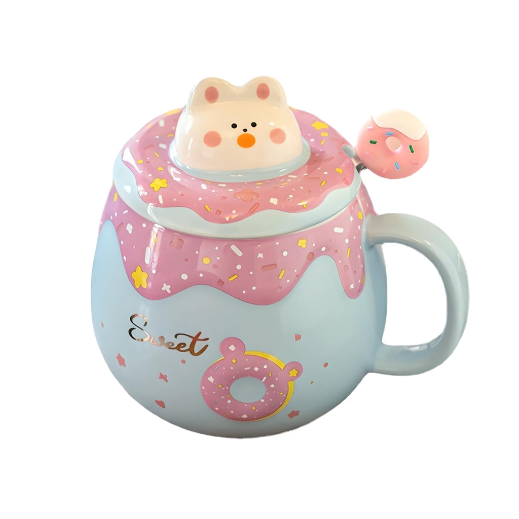 Miomu Taza de Cerámica con Tapa y Cuchara, Diseño Gato Kawaii