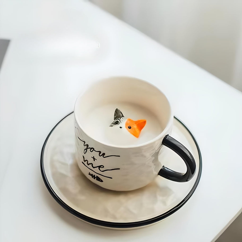 Miomu Taza de Café con Plato, Diseño Gato 3D