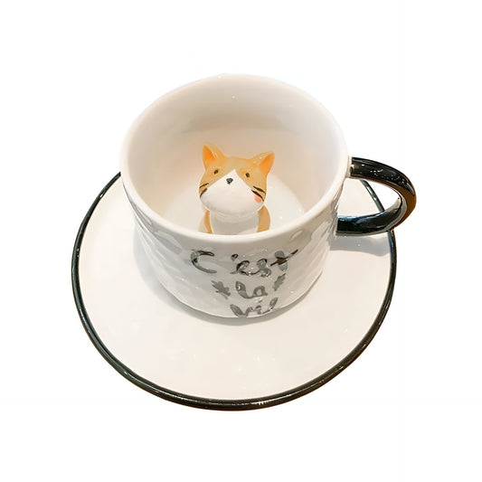 Miomu Taza de Café con Plato, Diseño Gato 3D