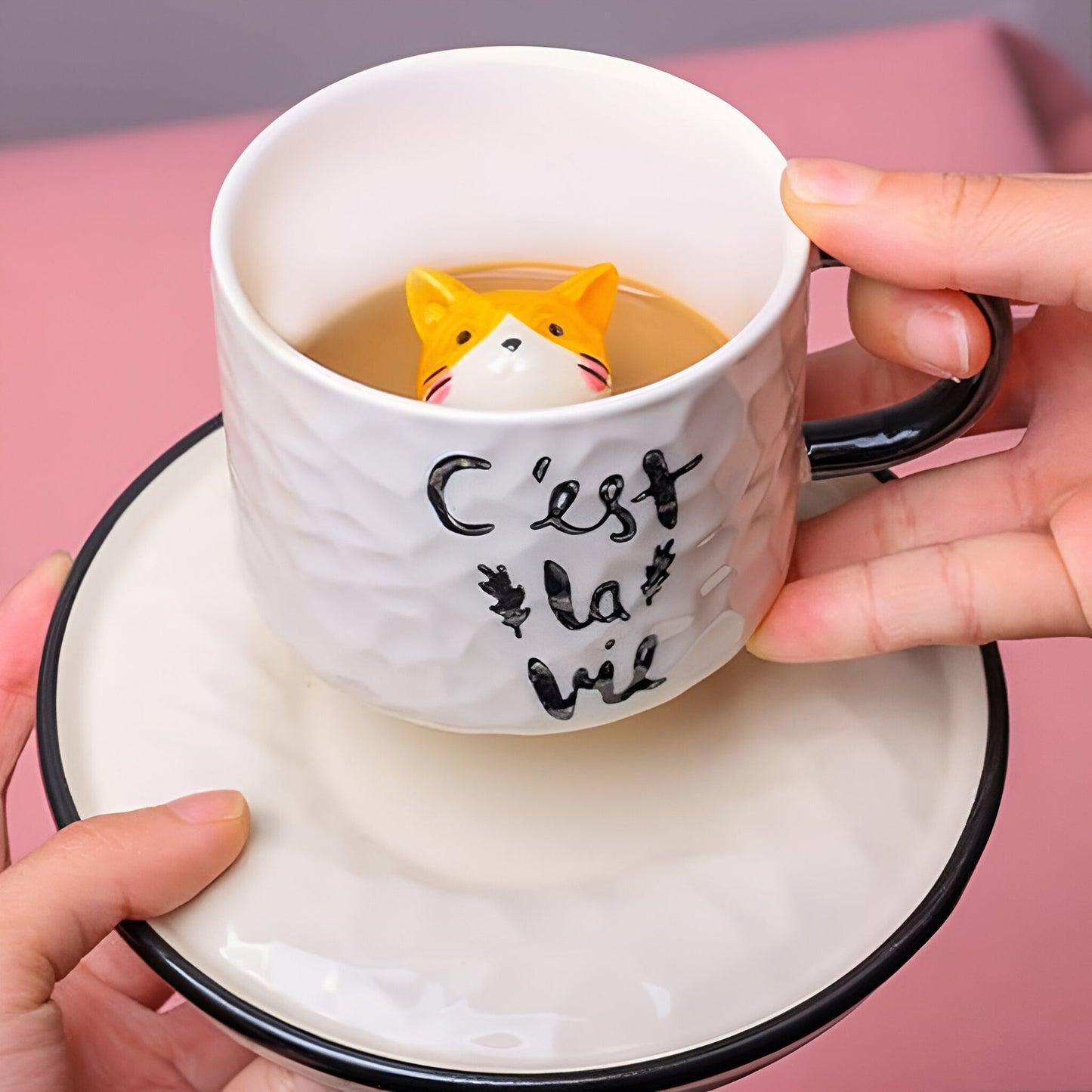 Miomu Taza de Café con Plato, Diseño Gato 3D