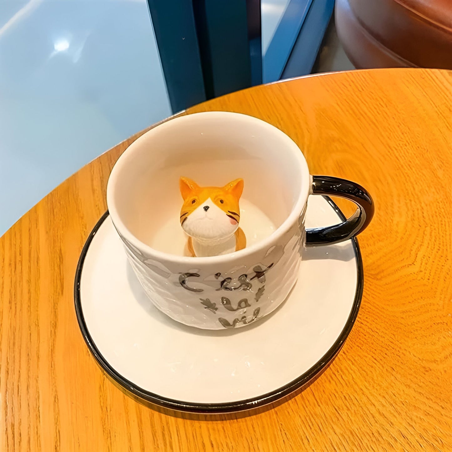 Miomu Taza de Café con Plato, Diseño Gato 3D